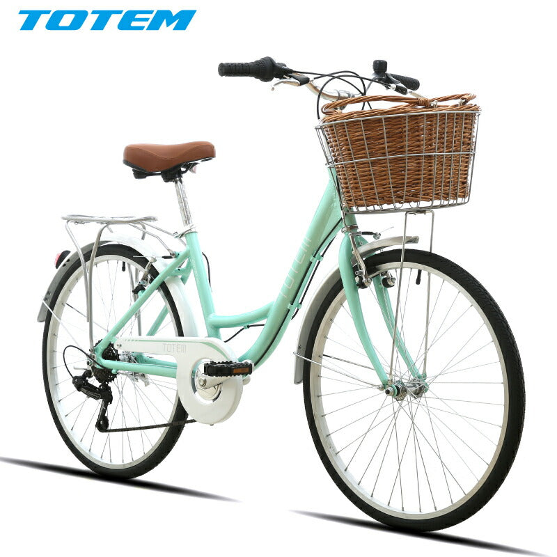 Totem自転車 KLS シティサイクル 24~26インチ ママチャリ シマノ製6段変速 前かご付き 後ろリアキャリア付き フェンダー チェンカバー付き 身長145cm~ アルミニウム合金6061 T6 特許取得 シマノ shimano 買い物 買い出し 生活便利 妻 女性 プレゼント ギフト 送料無料